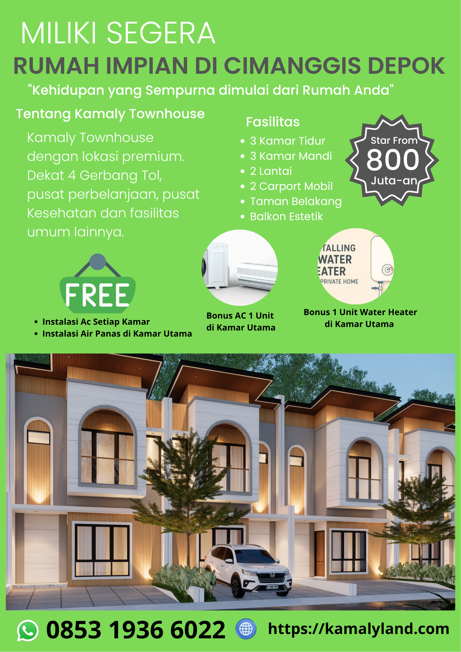 *SPESIAL PROMO :* - Potongan Harga hingga puluhan juta - Bonus 1 Unit Ac di Kamar Utama - Bonus Water Heater di Kamar Utama - Bonus Instalasi Ac di Setiap Kamar - Bonus Instalasi Air Panas di Kamar Utama